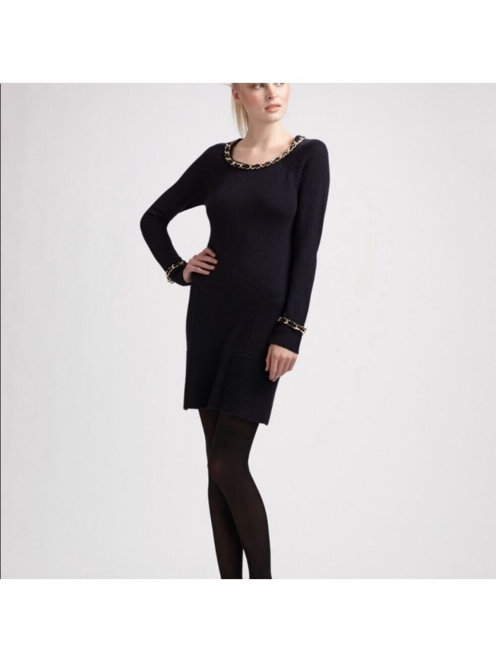 Milly 100% Merino Wool Mini Sweater Dress Gold Chain Detail, size S